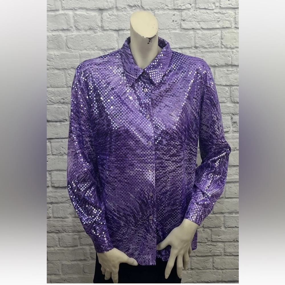 SHOPPING WITH ANTHONY (ANTHONY MARK HANKINS) PURPLE SPARKLY BLOUSE TOP SIZE M